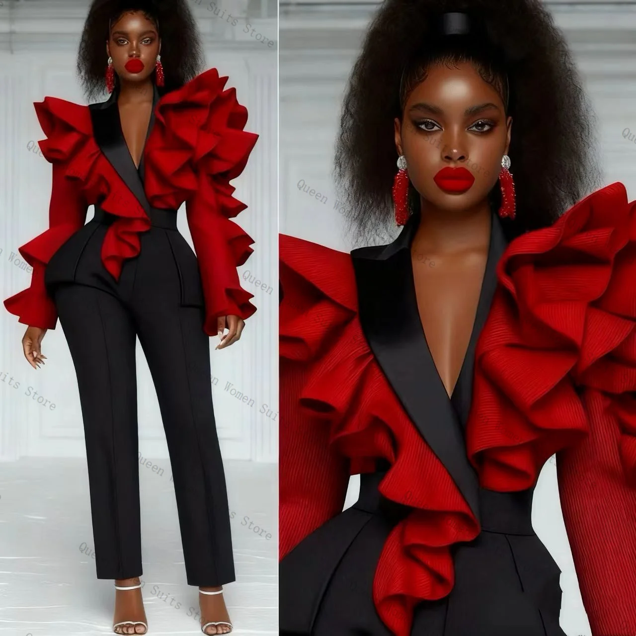 

Black Red Women Suit Set 2 Pcs Blazer+Pants Ruffles Prom Dress Formal Office Lady Jacket Wedding Guest Coat Outfit Customized