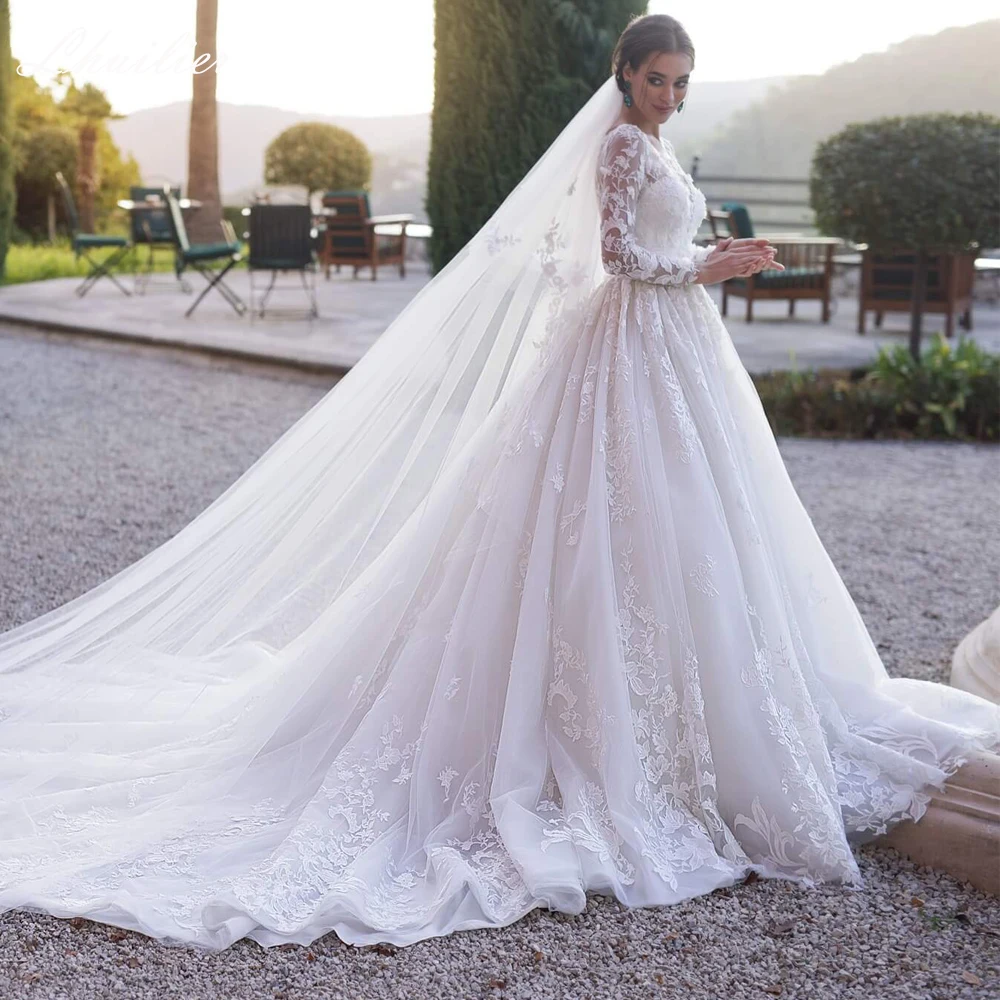 

Lhuillier Customized Scoop Neck A Line Lace Wedding Dresses Floor Length Long Sleeves Bridal Dress with Chapel Train