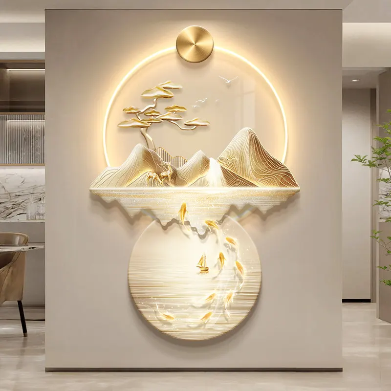 Flowing Water Generates Wealth Entrance Led Decoration Painting Luxury Living Room Hanging Painting Modern Nine Fish Mural Lamp