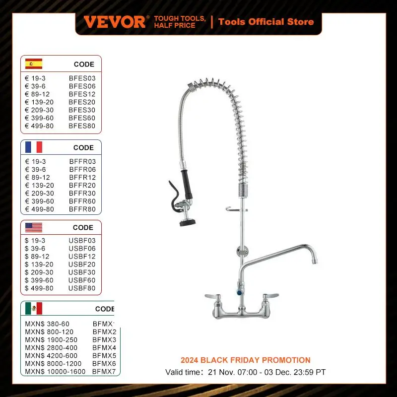 VEVOR Commercial  Faucet with Pre-Rinse Sprayer Wall Mount Kitchen Sink Faucet Brass Constructed Device with Pull Down Spray