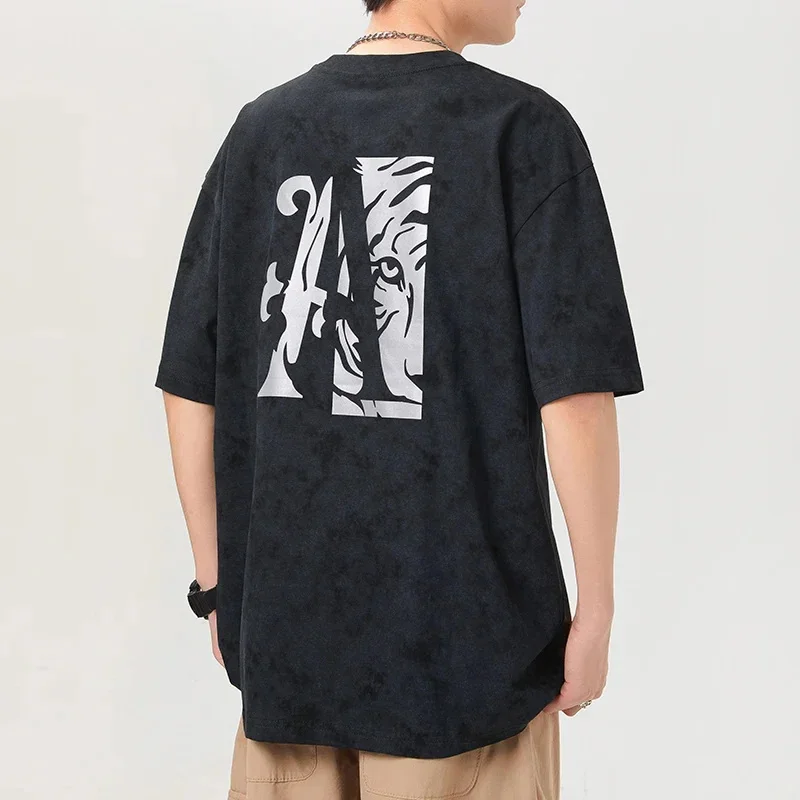 

Вязаная футболка высокой плотности, мужская свободная одежда больших размеров, модная повседневная эластичная летняя мужская одежда с принтом в корейском стиле