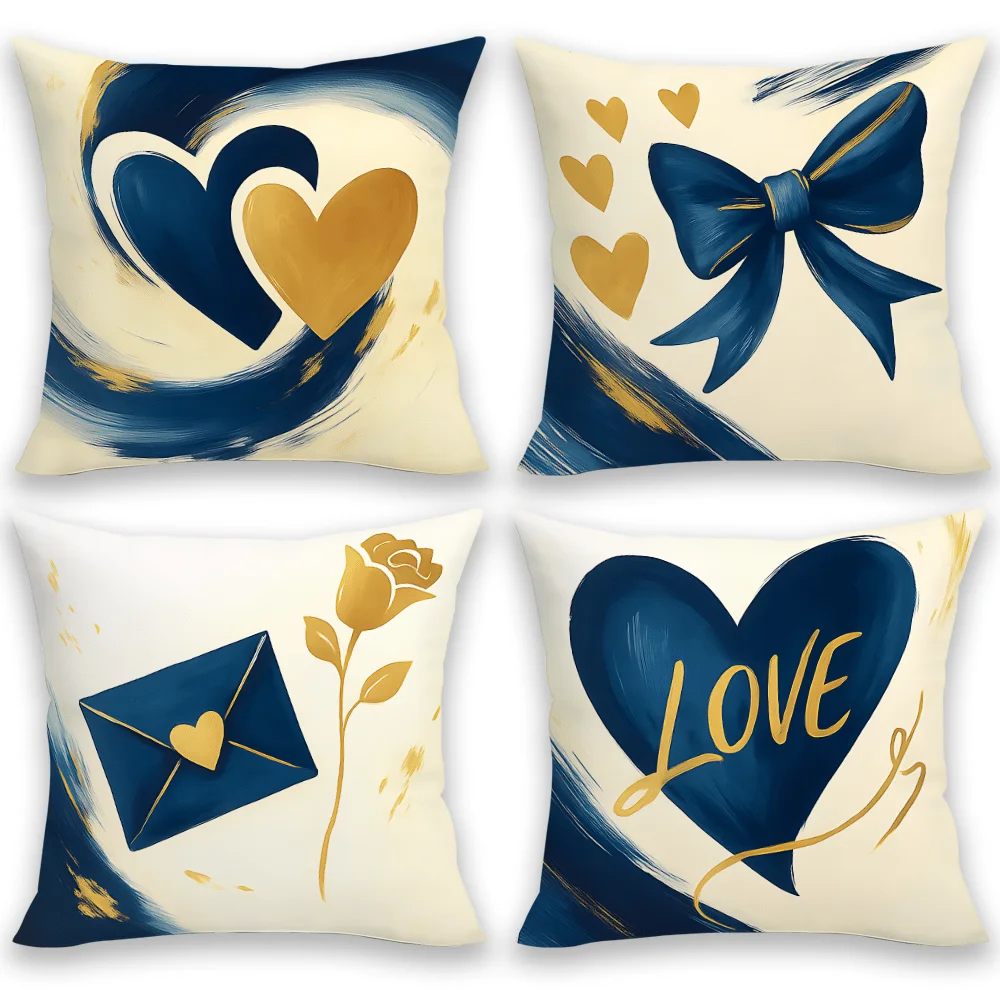4pcs Retro heart-themed Single-sided printing Short plush Suitable for living rooms bedrooms sofas (excluding pillow cores)