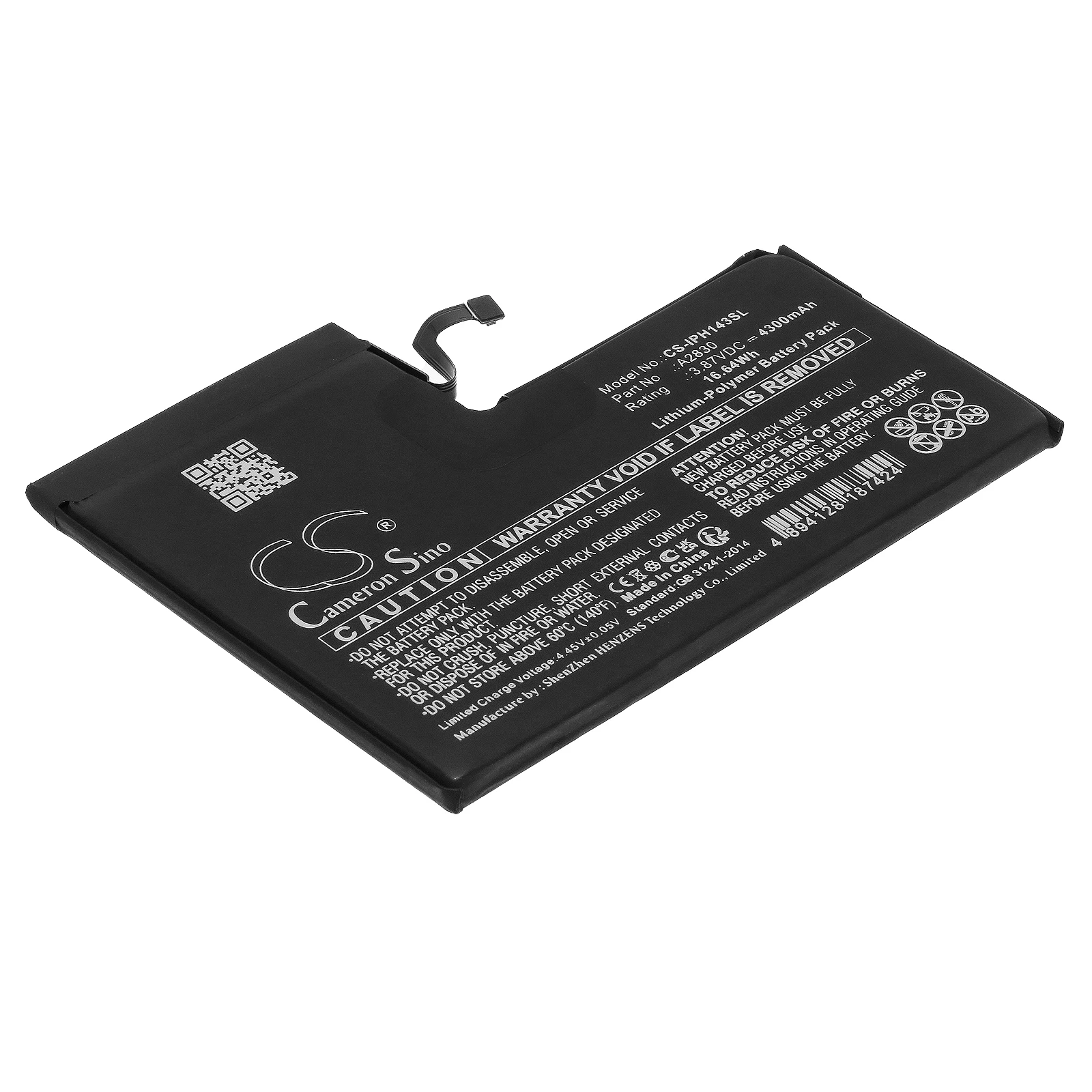 

Li-Polymer Mobile, SmartPhone Battery for Apple, 3.87V, 4300mAh, Compatible Models: iPhone 14 Pro Max (Part No:A2830 )