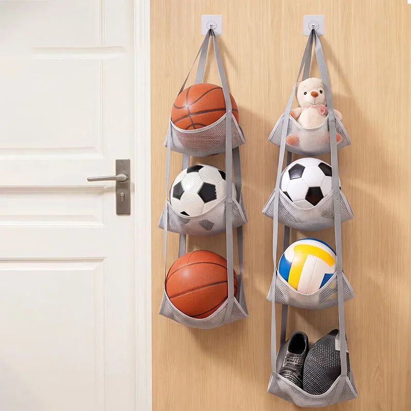 Wall Mounted 3 Pocket Mesh Basketball Storage Bag Organizer for Neat Ball Arrangement in Classroom or Home