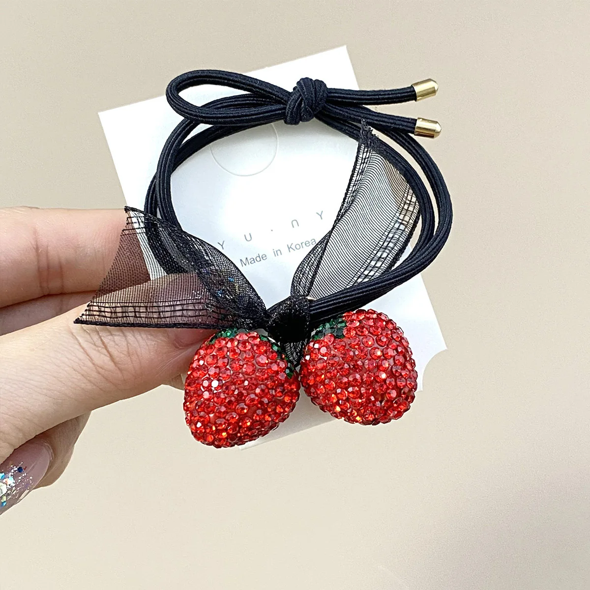 Elastic Hair Ties with Strawberry Rhinestone, Versatile and Delicate