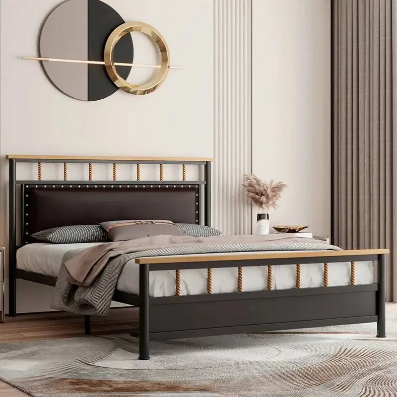 Modern Metal Bed Frame Sturdy Wood Mattress Base with High Backrest Vintage Simple Bed Bases for Bedroom Stylish Mattress Pallet