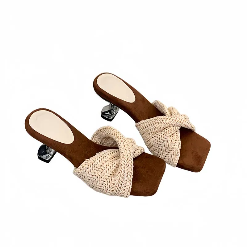 

Женские сандалии на низком каблуке 5 см, бежевые плетеные шлепанцы с квадратным носком, летняя повседневная обувь для улицы, новинка 2026