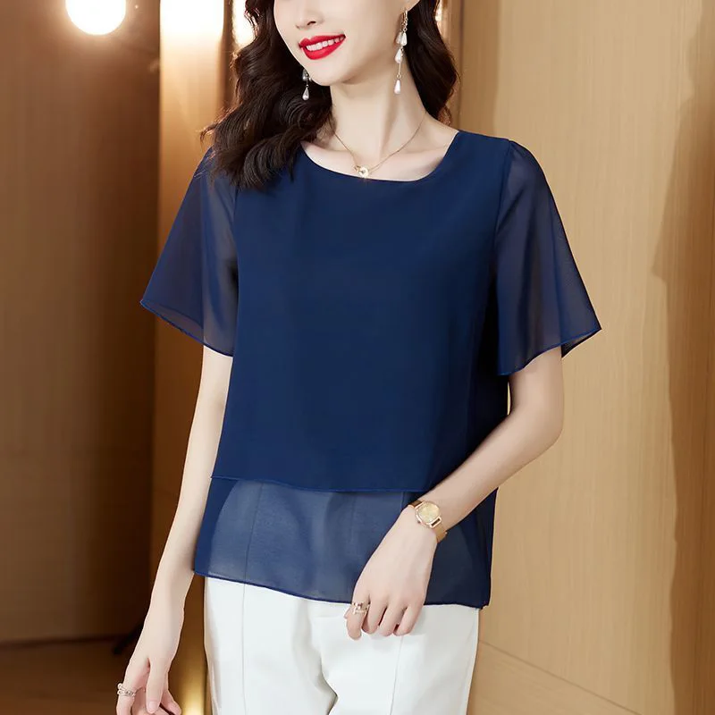 Elegant O-Neck Spliced Loose Fake Two Pieces Blouse Women\'s Clothing 2023 Summer New Casual Pullovers Office Lady Chiffon Shirt