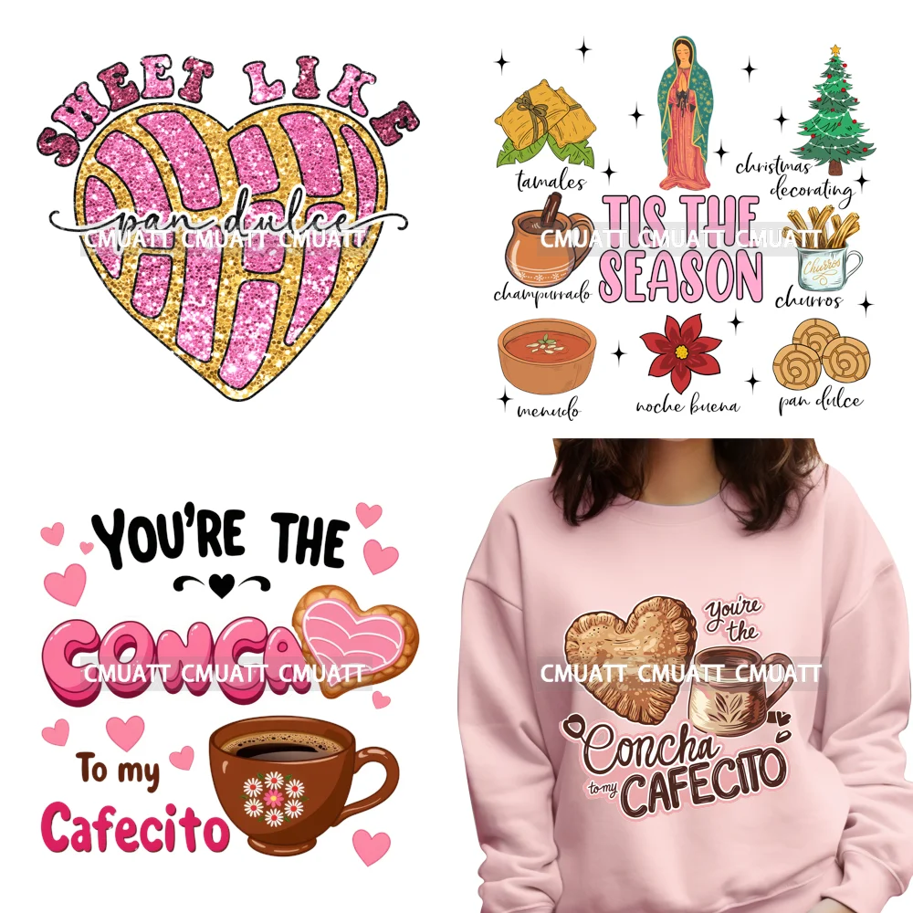 Las Concha Cafecito المكسيكي عاشق الطعام لاتينا عيد الحب الموسم كاندي القلب الحديد على DTF نقل ملصقات جاهزة للضغط على القمصان