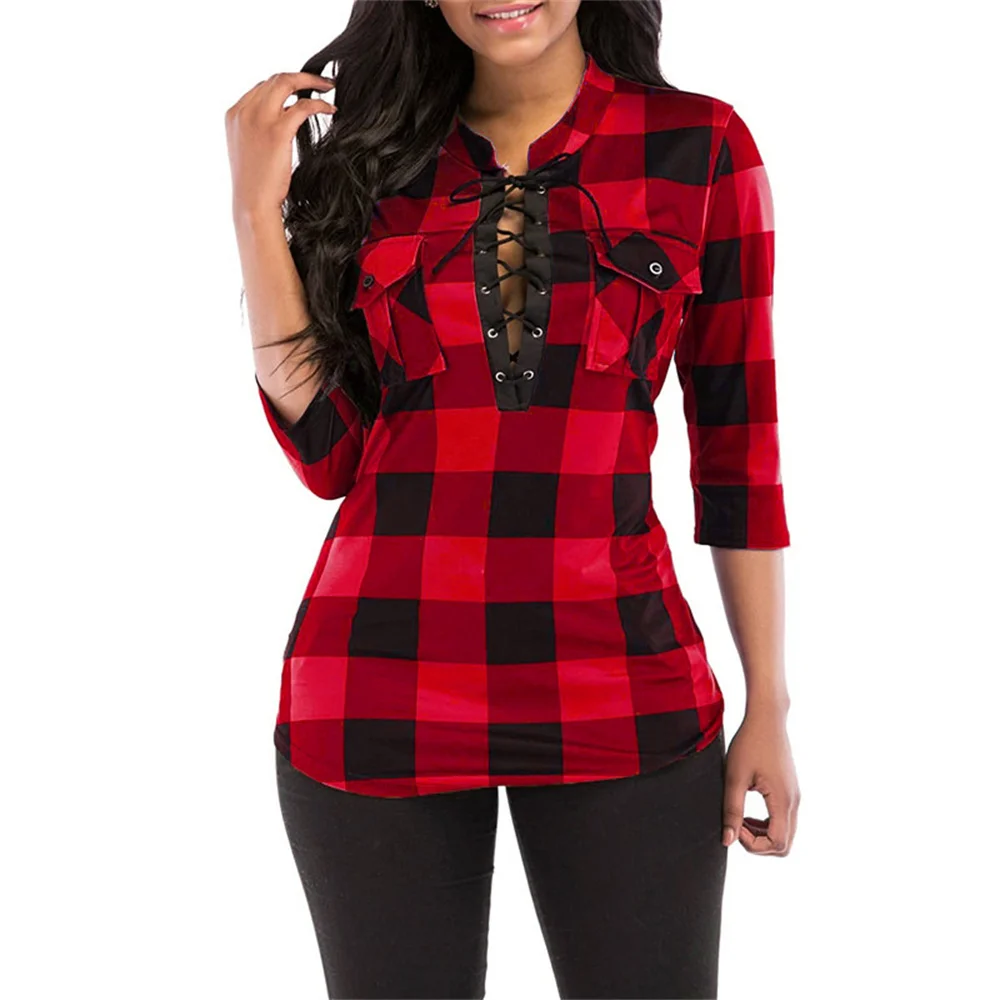 2022 New Autumn Women Plaid Shirt Ladies Casual Long Sleeve Blouse Sexy Deep V Neck Lace Up Pocket Women Shirt Tops Tunic Blusas