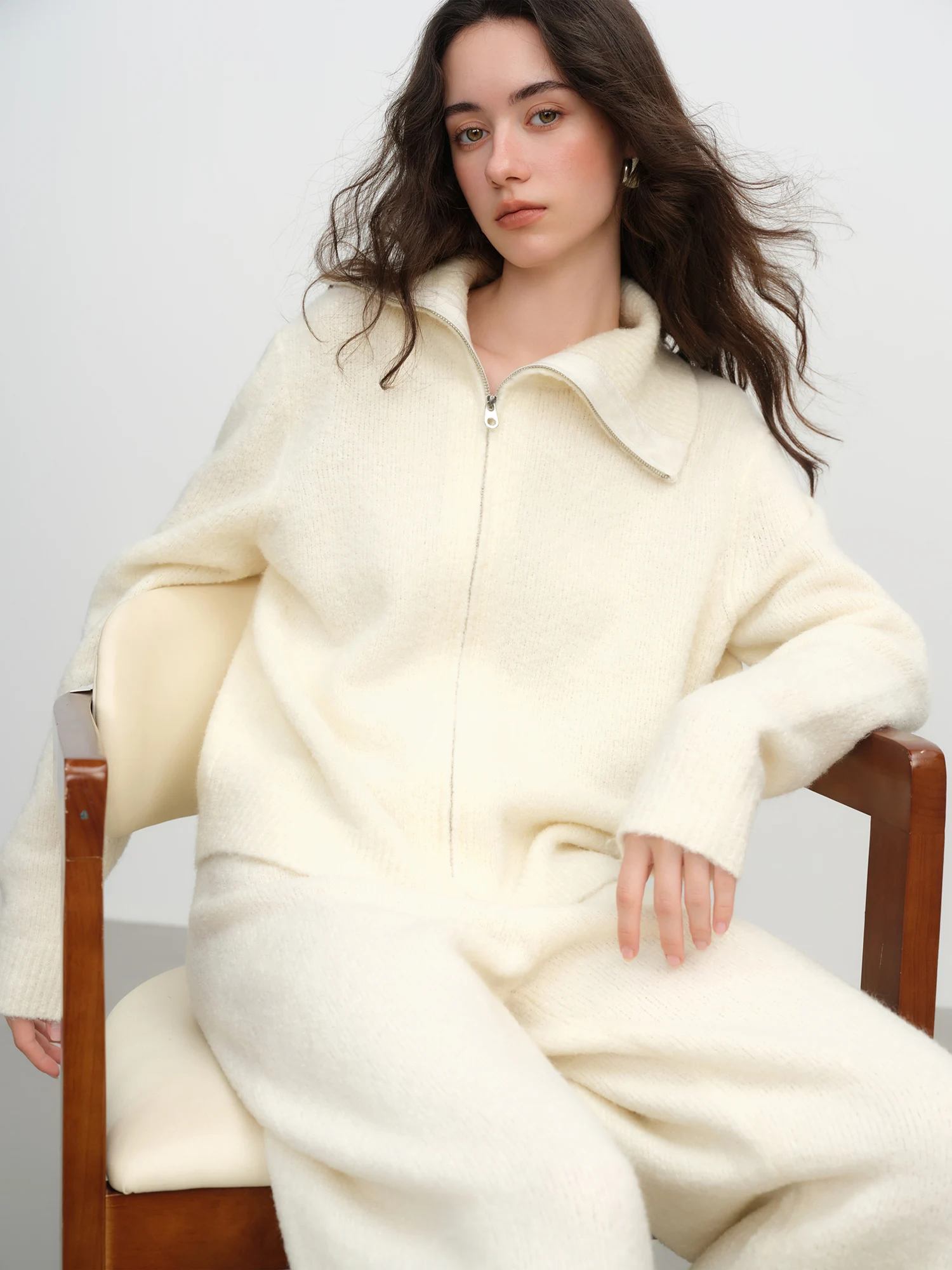FSLE Winter 2025 Conjunto feminino de malha com fio de laço texturizado – cardigã e calças de mistura de lã para conforto aconchegante no inverno