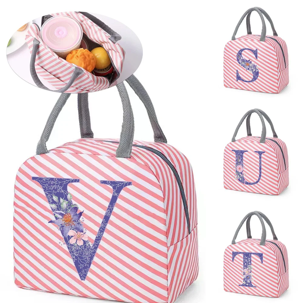 

Cooler Lunch Bag for Picnic Kids Women Travel Thermal Breakfast Organizer Insulated Purple Flower Letter Storage Bag Lunch Box