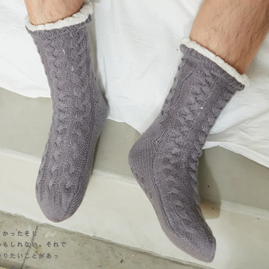 Chaussettes thermiques pour hommes, chaudes pour la maison, en coton doux, épais, en velours, pour dormir, antidérapantes, pantoufles de sol courtes, hiver