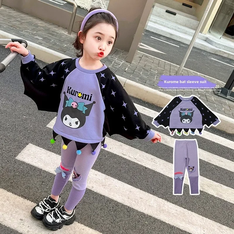 Anime Sanrio Girls Sweatshirt Suit Cartoon Kuromi Kids Wing Tops Cute Leggings Spring Autumn Fashion Kids Clothes Birthday Gifts