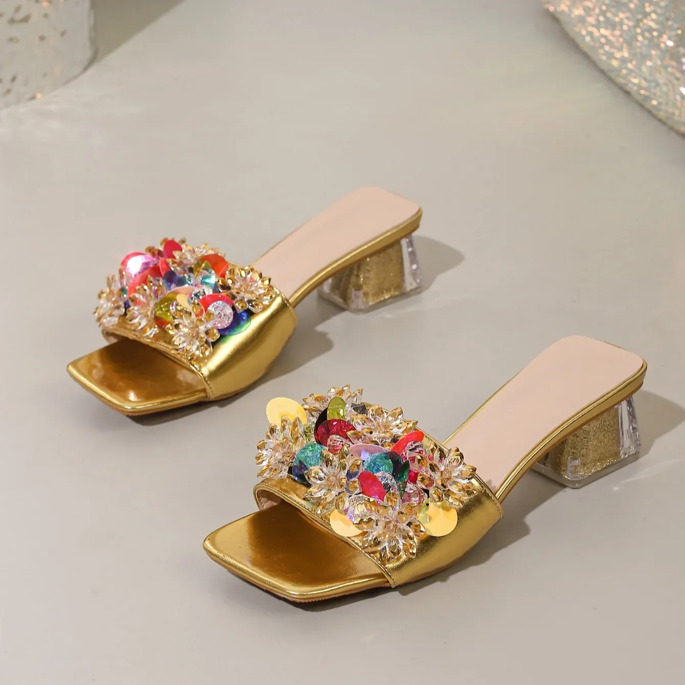 

Aneikeh/женские золотые босоножки на высоком каблуке в богемном стиле, прозрачные вечерние платья на толстой подошве, тапочки со стразами, туфли-лодочки на высоком каблуке