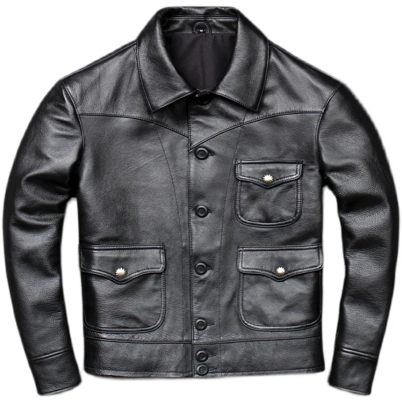 Genuine Leather Jaet Men's Retro Biker Coat RL Replied Collar Leatherwear ort Sli Urban Faion for Young Men