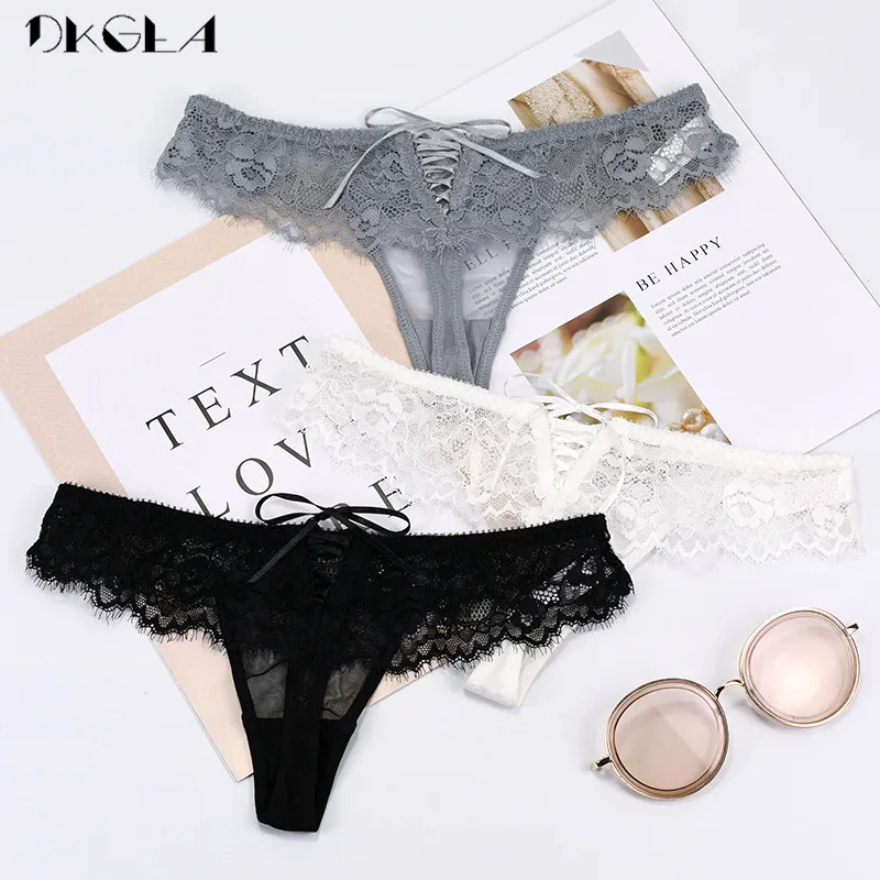 New Fashion Sexy G-String Lady 3 Piece Panties Transparent Lace Thong Women Underwear Soft Low-Rise Thongs Embroidery
