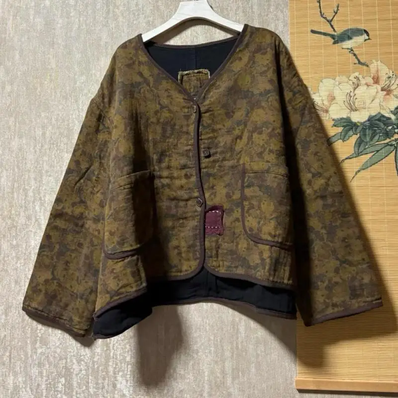 

Осень 2024, новый художественный стиль, женское однобортное короткое пальто с длинным рукавом и v-образным вырезом, винтажные свободные куртки из хлопка и льна с цветочным принтом