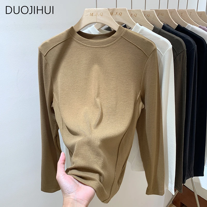 DUOJIHUI Dark Grey Basic Long Sleeve Loose Women T-shirts Autumn Classic O-neck Simple Casual Pure Color Fashion Female T-shirts