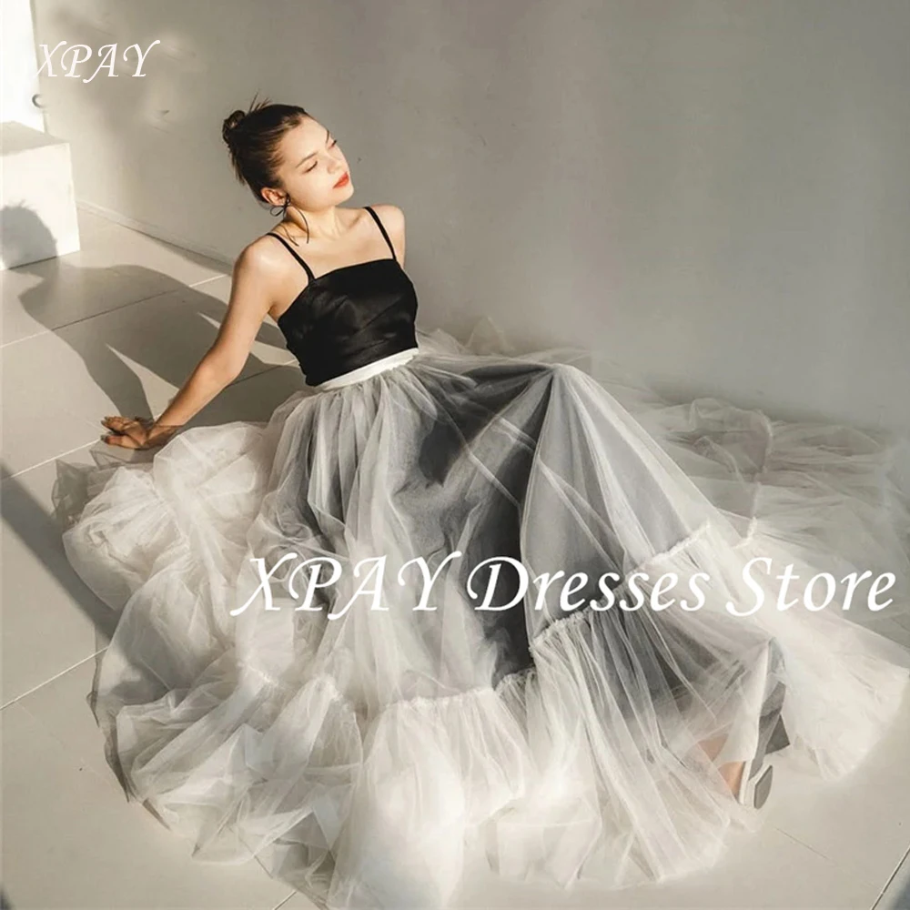 

XPAY Simple Black White Korea Wedding Party Dresses Spaghetti Straps Korea Photos Shoot Dress Customized Corset Formal Gown