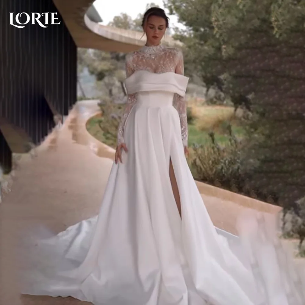 LORIE dentelle robes de mariée musulmanes Applique col haut manches évasées église sirène robe de mariée vestido de novia personnalisé