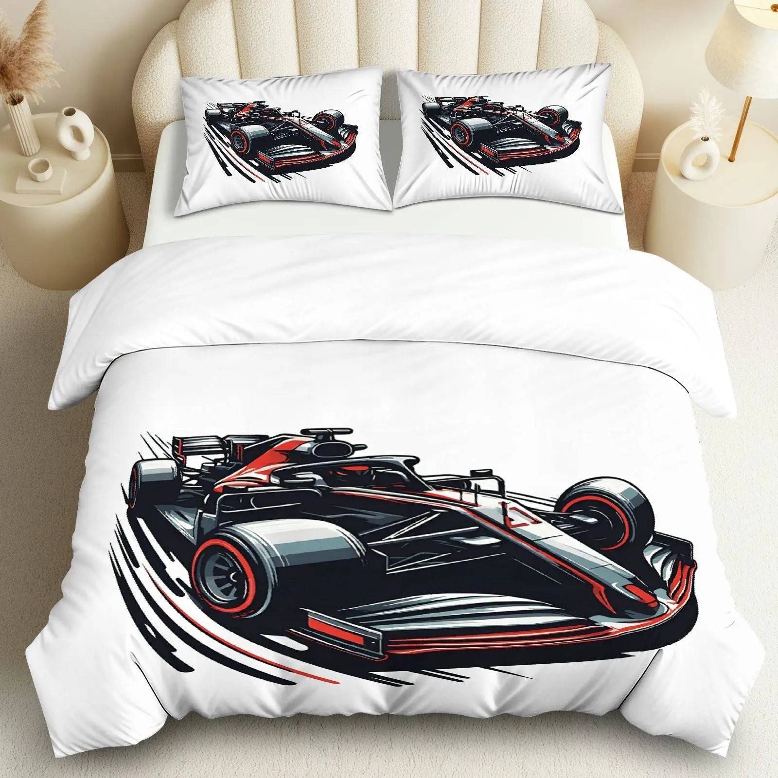 

Комплект из 3 предметов: 1 пододеяльник + 2 наволочки (без наполнителя), дизайн с гоночными автомобилями, подходит для декора спальни, гостиной.