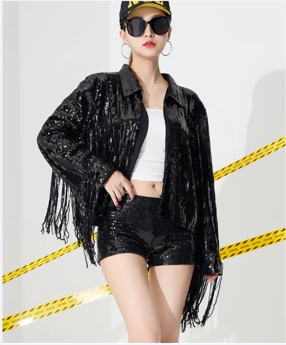 

Женские короткие куртки с блестками и кисточками, длинными рукавами и бахромой, верхняя одежда с открытой передней частью