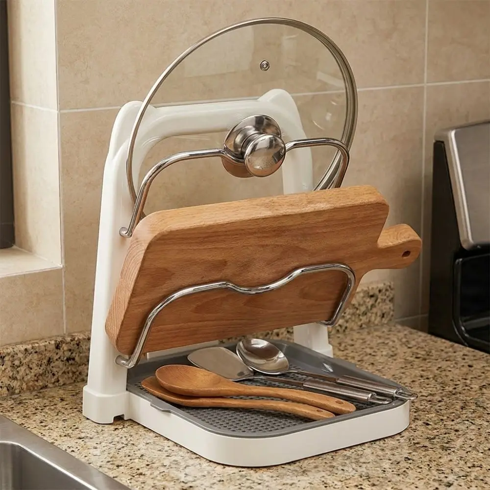 1pc Practical Convenient Double Layer Pot Lid Storage Rack Drainage Tray Cutting Board Holder Detachable Large Capacity Kitchen