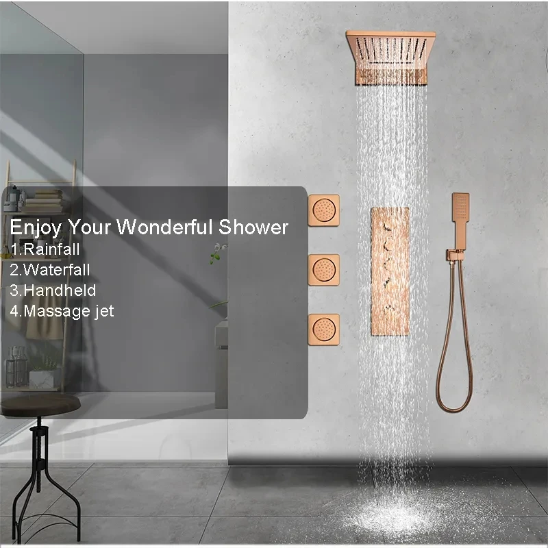 

Luxury Four Functions Brass Bathroom Shower Faucet set Wall Mounted Rose Gold Waterfall Rainfall Shower set High Quality Modern