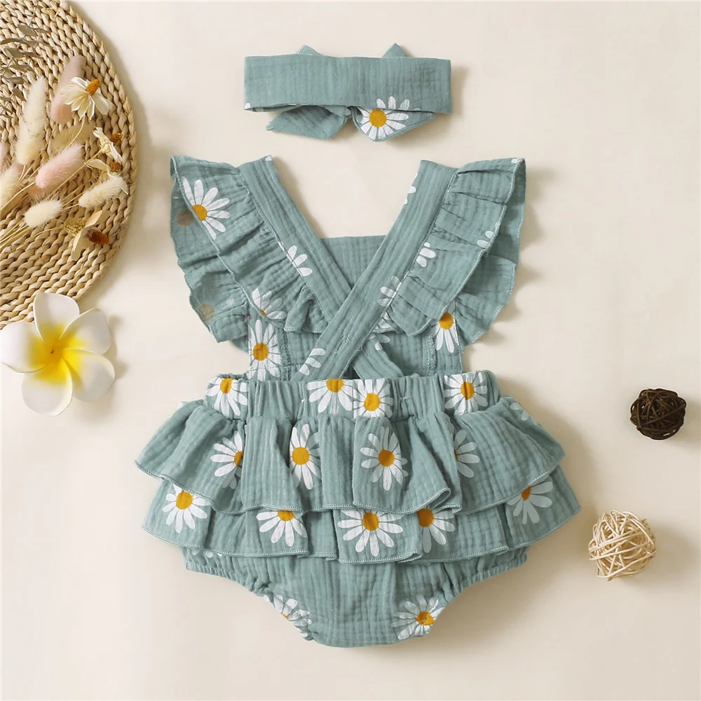 Summer Newborn Infant 0-18Month Baby Girls Romper Sunflower Print Sleeveless Cute Kids Onepiece Jumpsuit