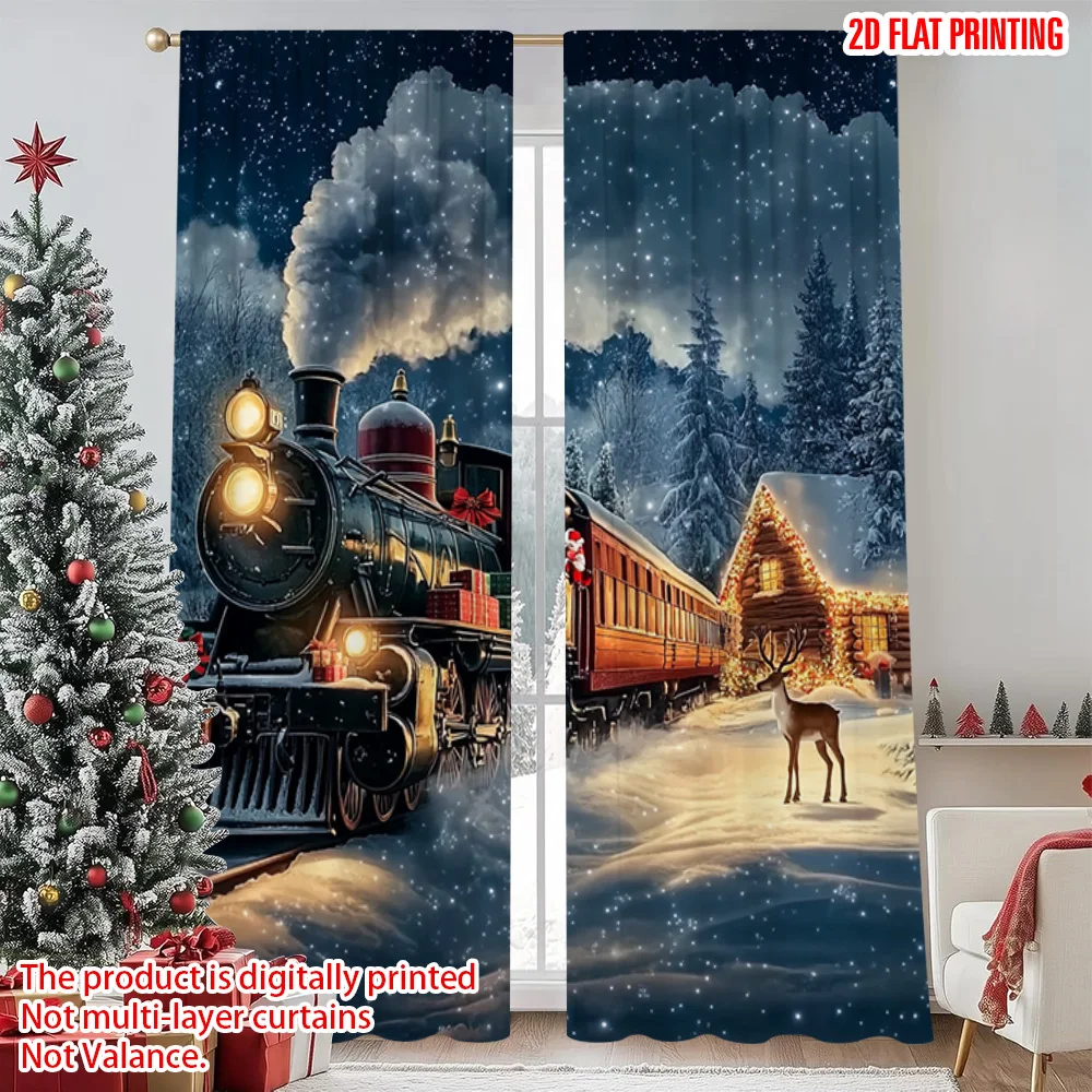 

2pcs 2D flat printing Merry Christmas Curtain Christmas Train1 Versatile Polyester Fabric Without Electricity Family Party