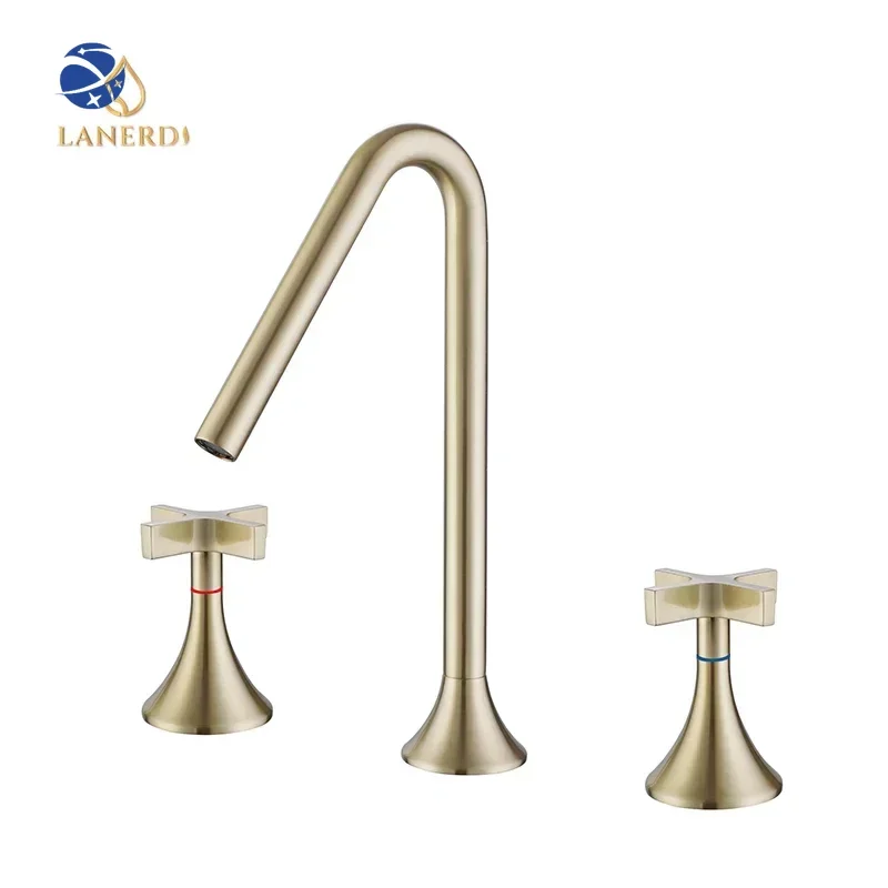 

Lanerdi CUPC Faucet Luxury Gold Brass Widespread Bathroom Faucet 8 inches with Cross Handles for Bathroom Sink