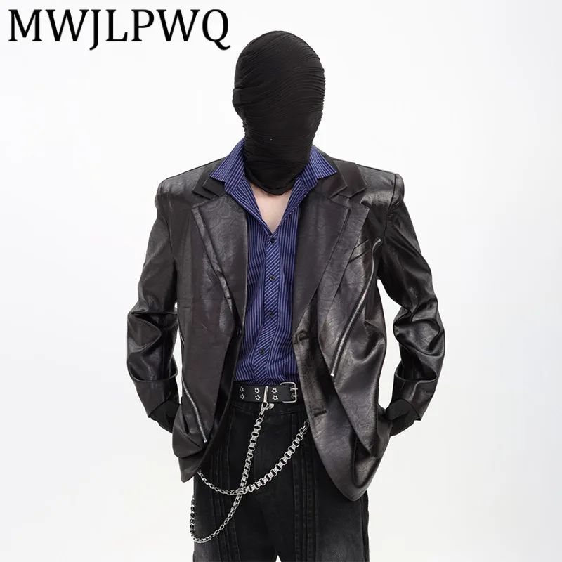 

MWJLPWQ нерегулярный двухслойный кожаный костюм, мужской однобортный пиджак с лацканами High Street, высококачественная повседневная куртка Tide 12226