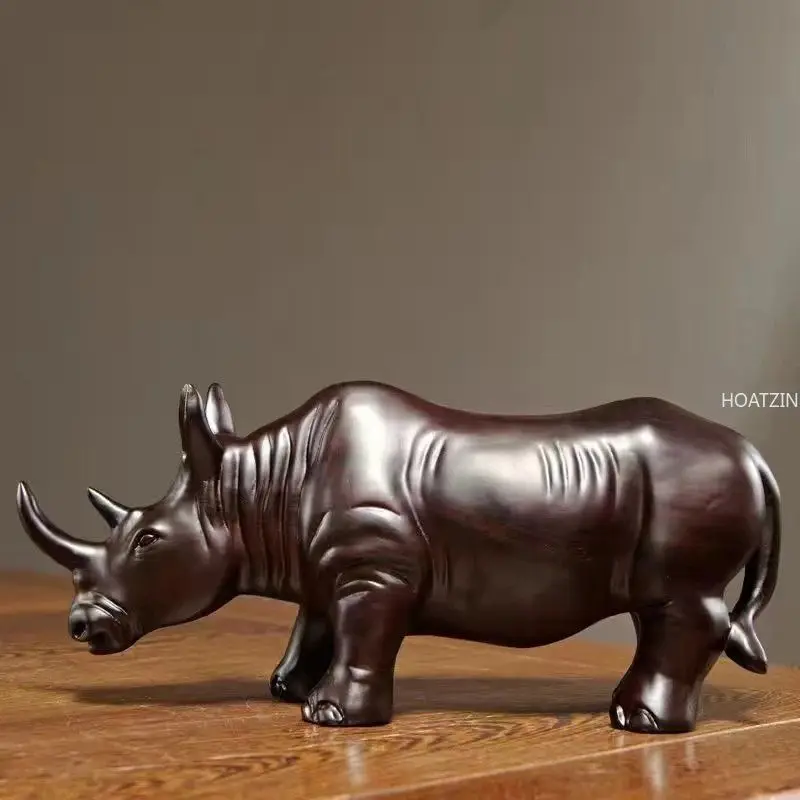 Ebony Carved Rhino Ornaments: Solid Wood Animal Decorations, Home & Office Desktop, Redwood Crafts & Decor