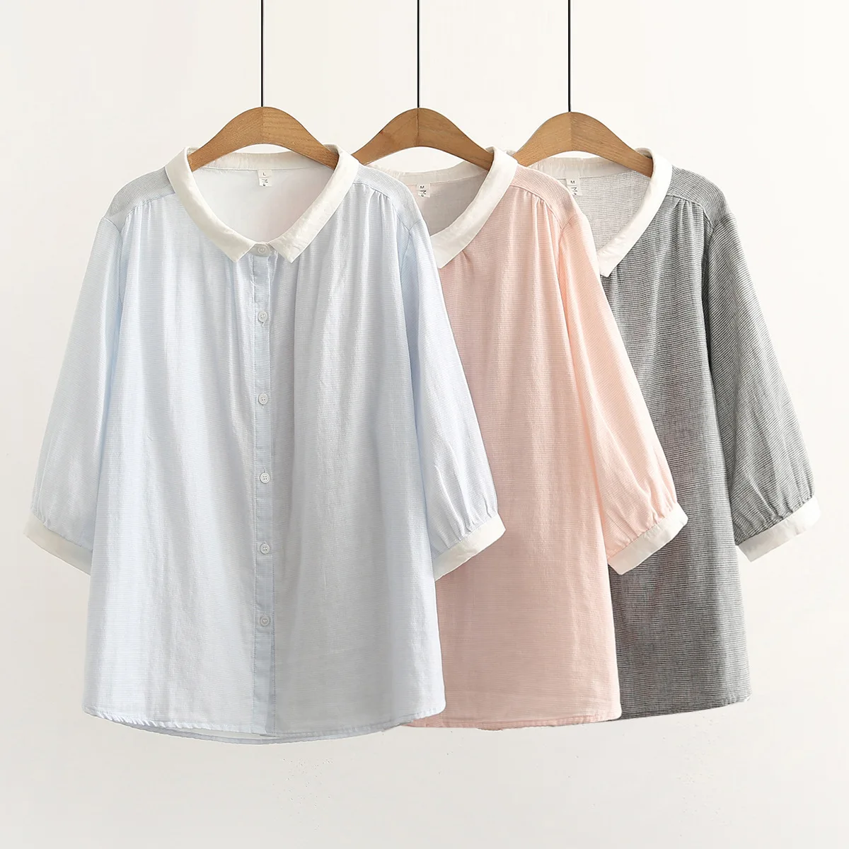 100% Cotton Yarn Shirts Women Japan Style Breathable Pink Blue Gray Striped Tops Button Up Stripes Loose Casual Blouses