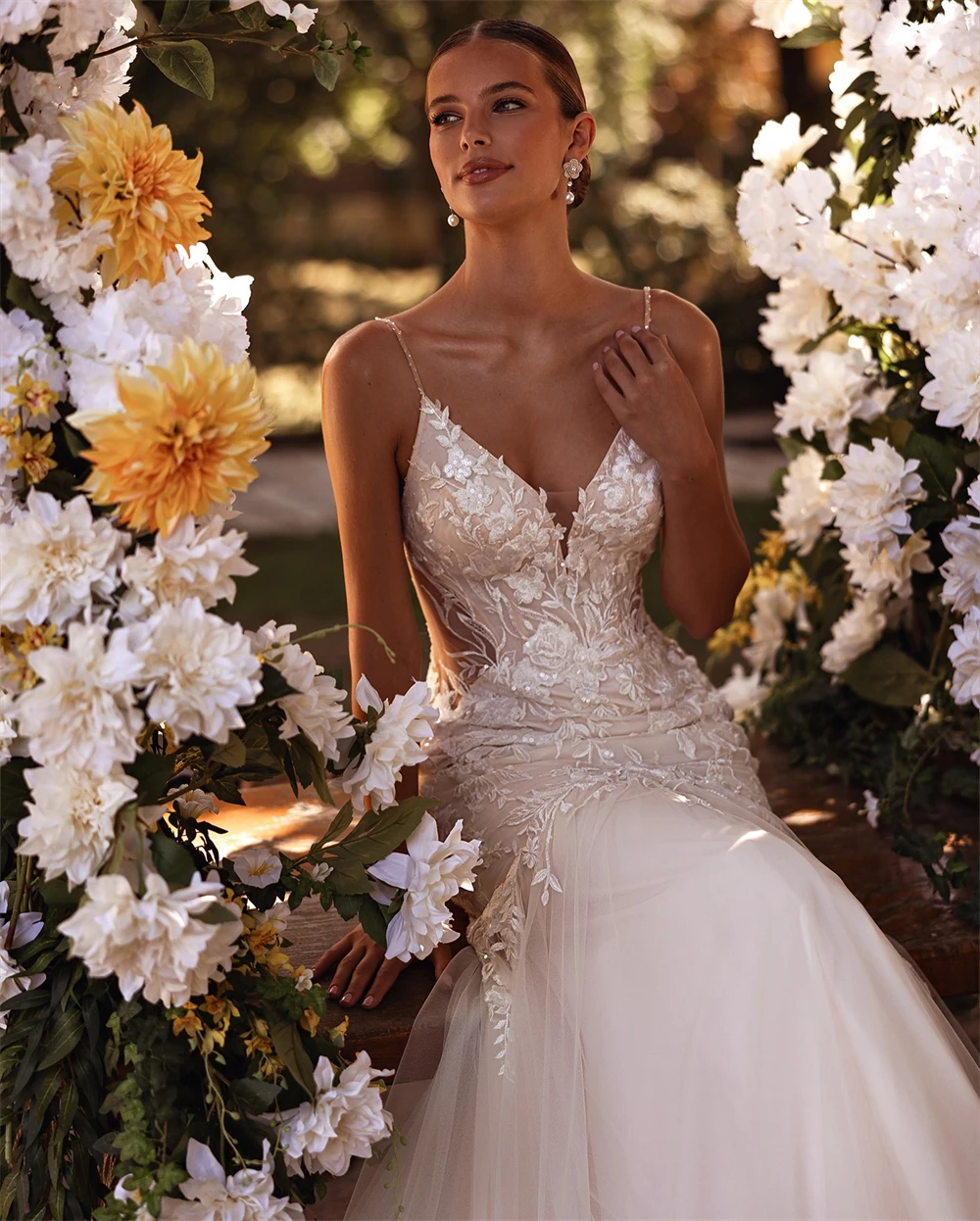 فستان زفاف أنيق من الأورجانزا الأبيض مخصص رسمي على شكل قلب بدون أكمام فستان زفاف بوهو حورية البحر ذيل محكمة رداء de mariée #2