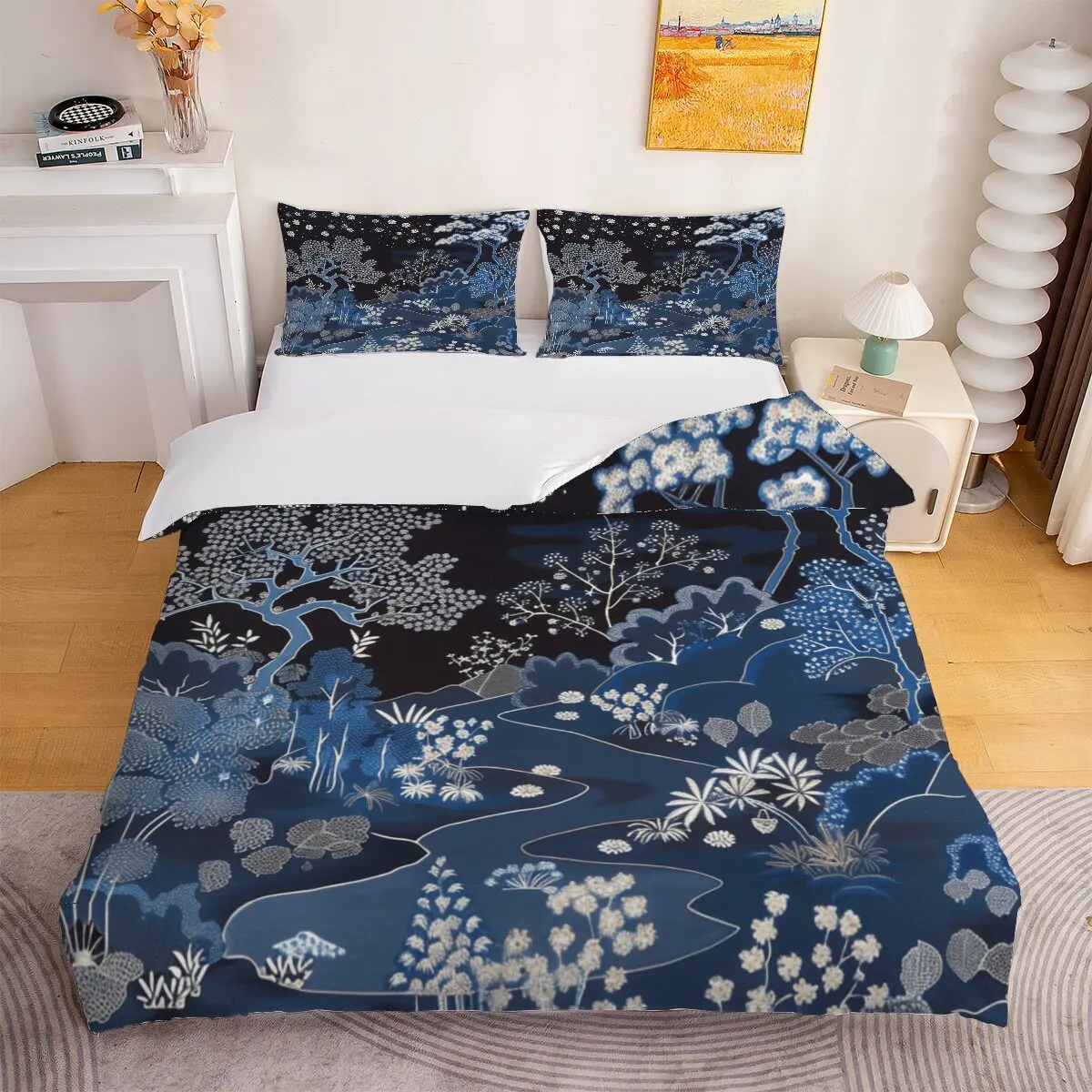 

Peony and starry sky duvet cover Daffodils and clouds Printed duvet cover 3-piece set with 2 pillowcases
