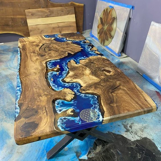 

Factory Customized solid Wood Retro Design Hot sale Cheap Unique Fashionable Dining Resin Epoxy river Table