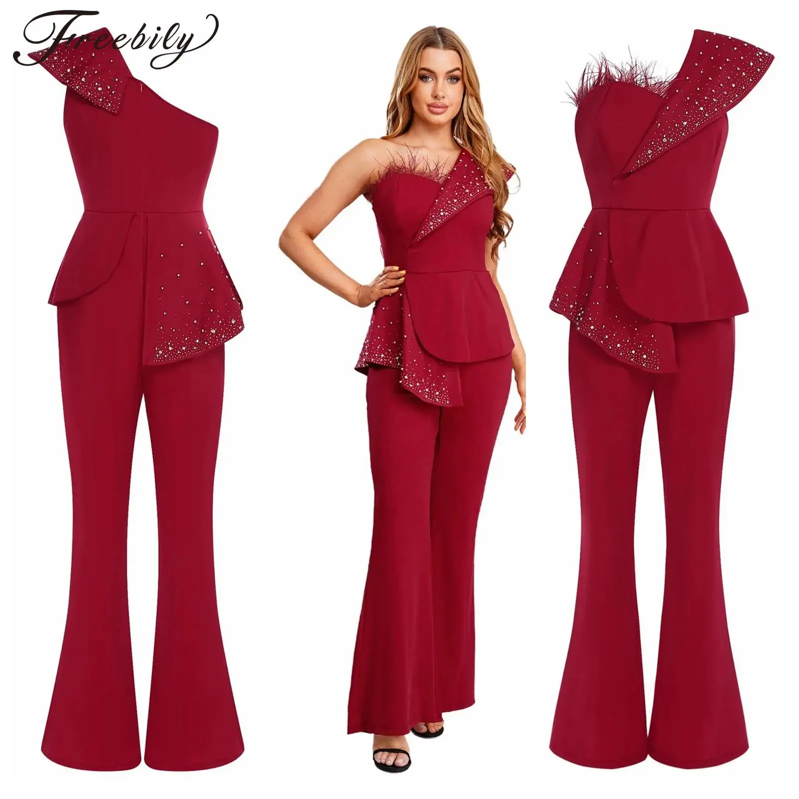 

One Shoulder Jumpsuit for Women Lady Elegant Evening Party Romper Wide Leg Pants Banquet Formal Woman's Sleeveless Jumpsuits