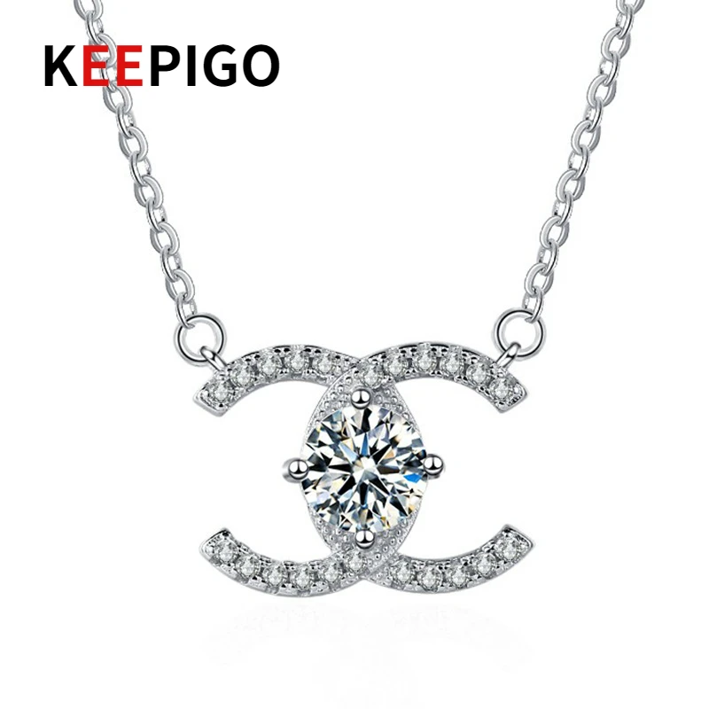 

KEEPIGO S925 Sterling Silver Excellent Cut 1CT Moissanite C Pendant Necklace For Girl Women Girlfriend Birthday Gift