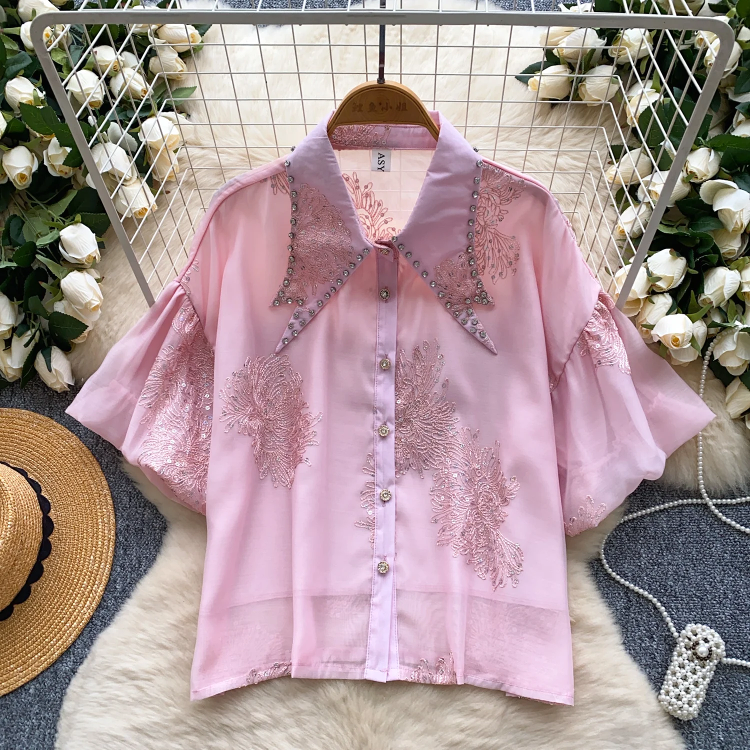

Chic Long Sleeve Embroidered button sweet Blouse Korean Fashion Sexy Shirt Hotsweet Spring Women Clothes