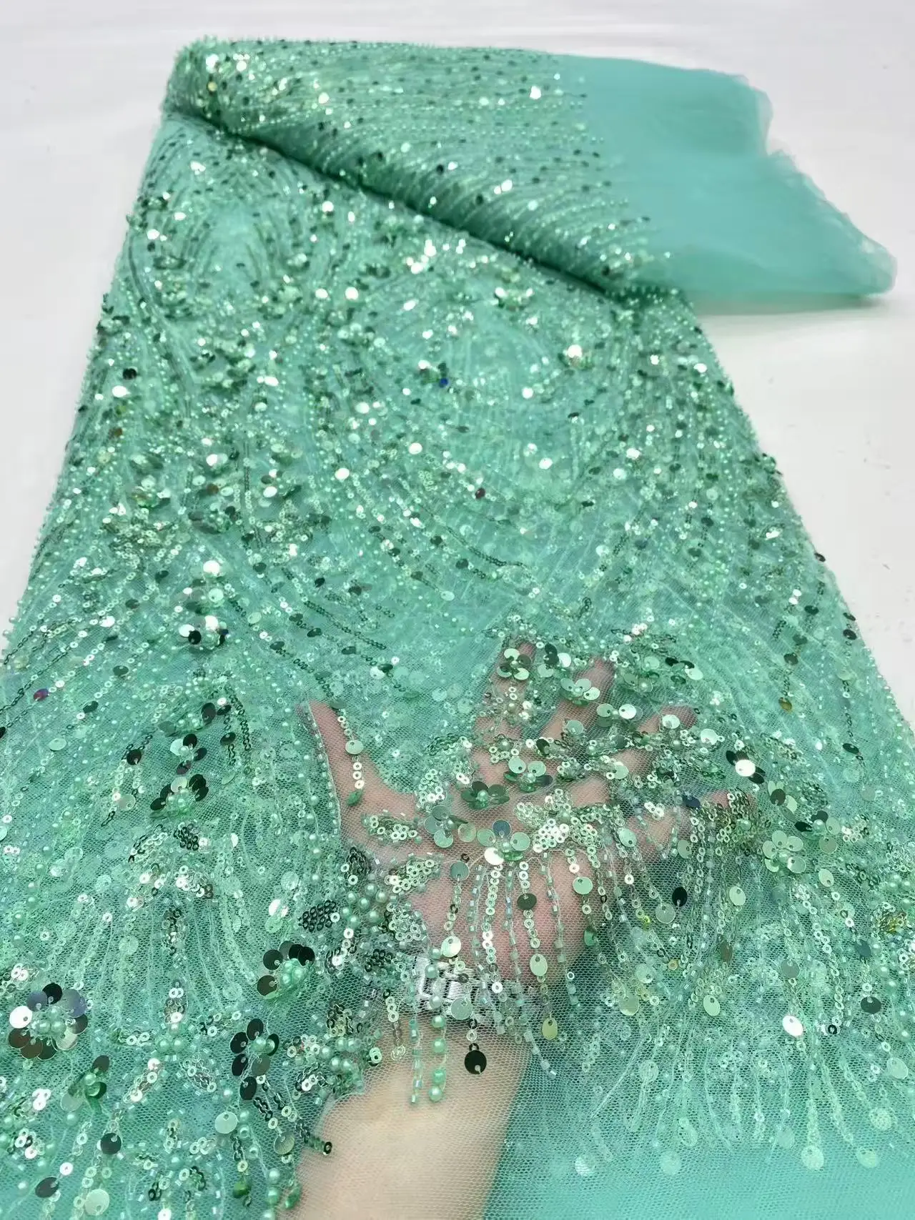 

High Quality 2025 African Nigerian French Sequins Tulle Lace Fabric Sequins Embroidery Wedding Party Tulle Dress Beads 5Yards