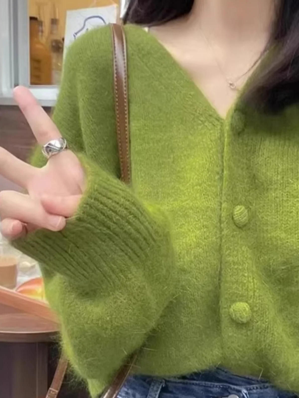 Spring and Autumn New Goose Yellow Knit cardigan Women  Dopamine Outer Wear Avocado Green Outerwear V-neck Top