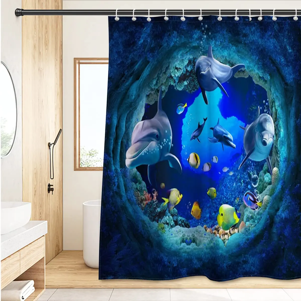 Dolphin Shower Curtain, Blue Underwater World Marine Life , Polyester Fabric Kids Ocean Theme Bathroom Decor Set with 12 Hooks