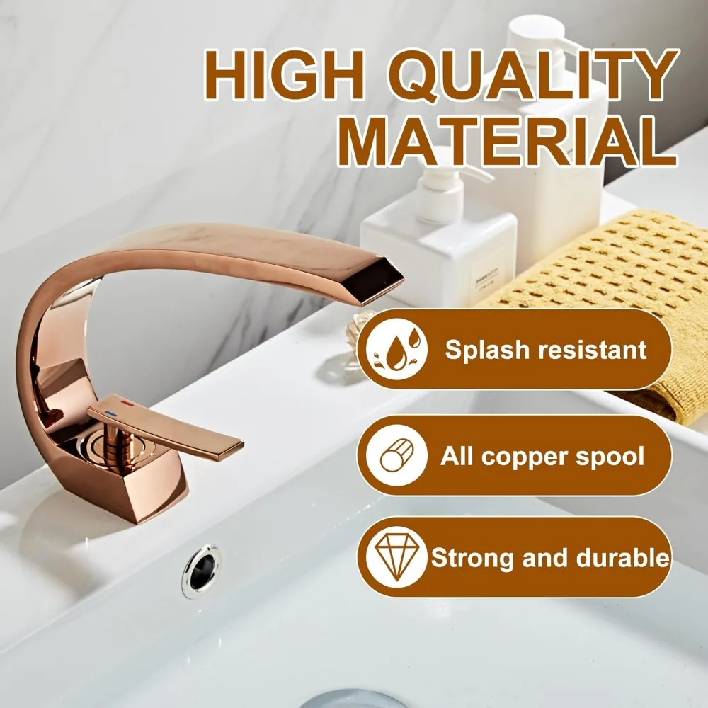 صنبور حوض الحمام بمقبض واحد باللون الذهبي الوردي مع تصميم فريد لصنبور خلاط حوض الغرور النحاسي