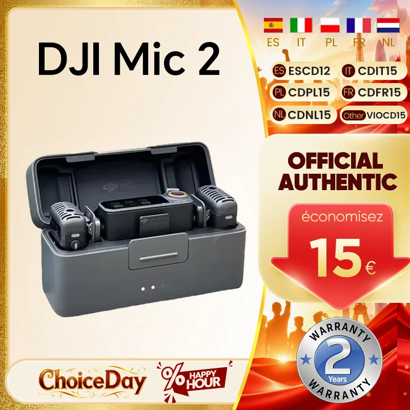 Microphone sans fil DJI Mic 2 avec suppression intelligente du bruit, enregistrement interne 32 bits flottant, son optimisé, portée de 250 m