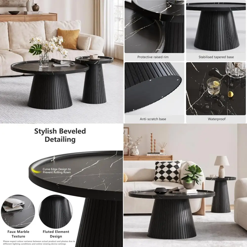 

Modern Marble Veneer Coffee Table Set, Fluted Round Tea and End Tables, Minimalist Design, Nesting Functionality