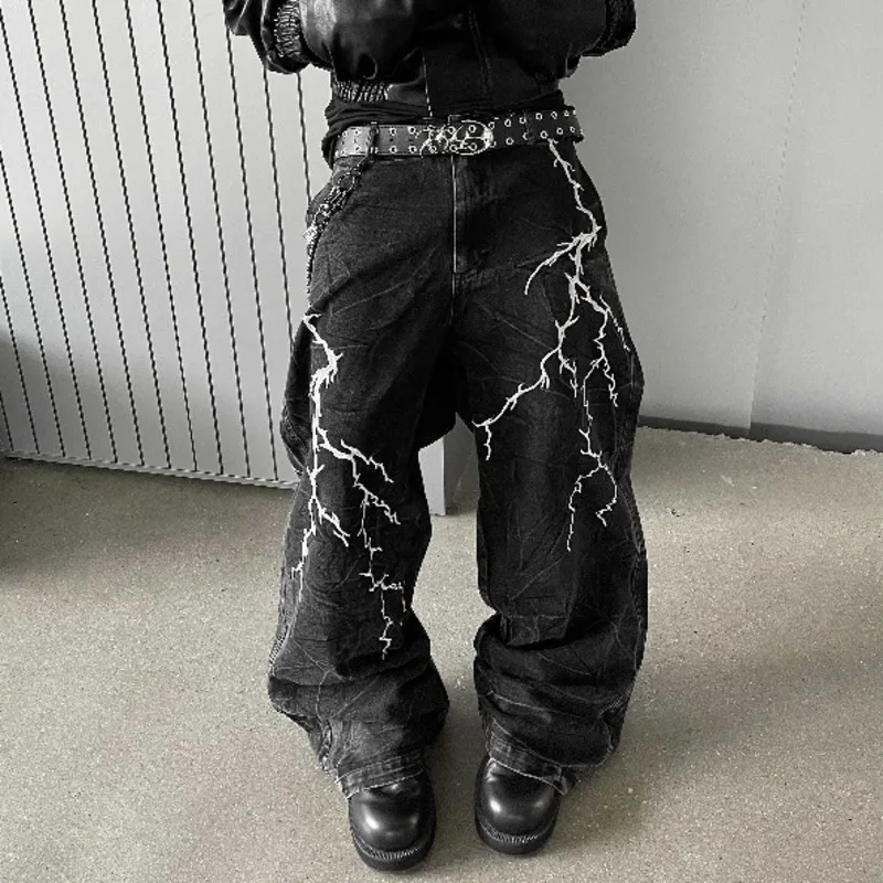 HKSH ربيع وصيف جديد الرجال شيك الظلام Techwear الأصلي الدنيم السراويل شارع العليا خمر عادية مطرزة واسعة الساق الجينز HK5137