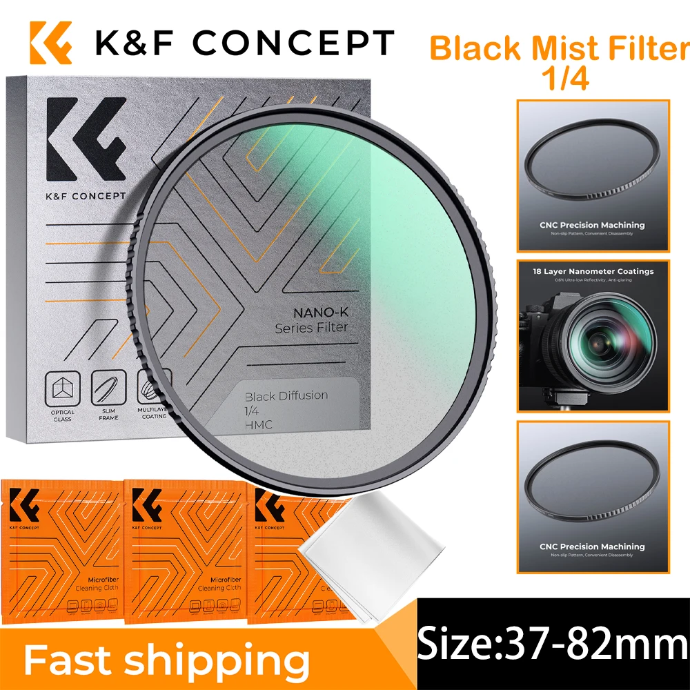 

K&F Concept Black Mist Filter 1/4 Filter Mist 55mm 58mm 62mm 67mm Filter 3pcs Cleaning Cloth with 18 Multi-Layer Coatings Nano K