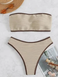 2026 Women Sexy Thong Swimsuit Push Up Swimwear Contrast Binding Bandeau Bikinis Female Bathing Suit Swimming Summer Beachwear